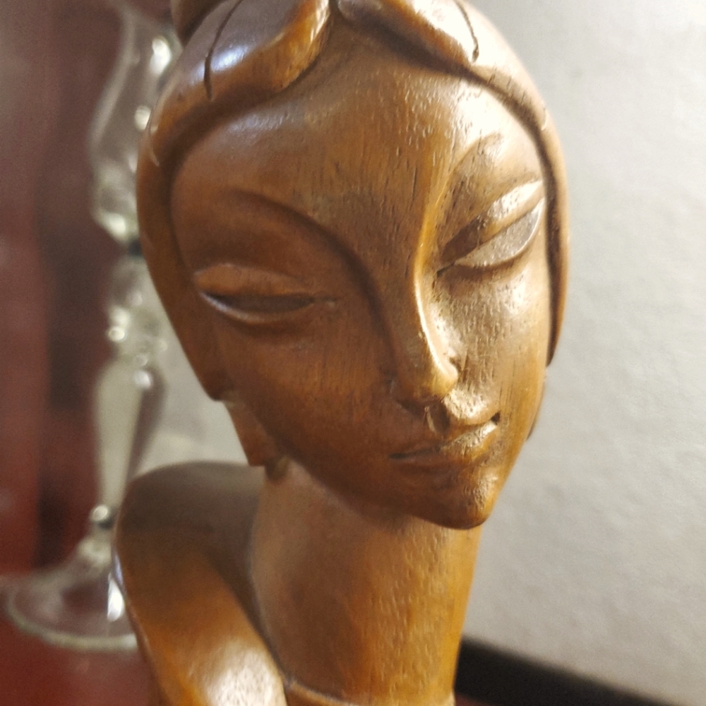 10 1/2" Wooden Carved Asian Woman Statue